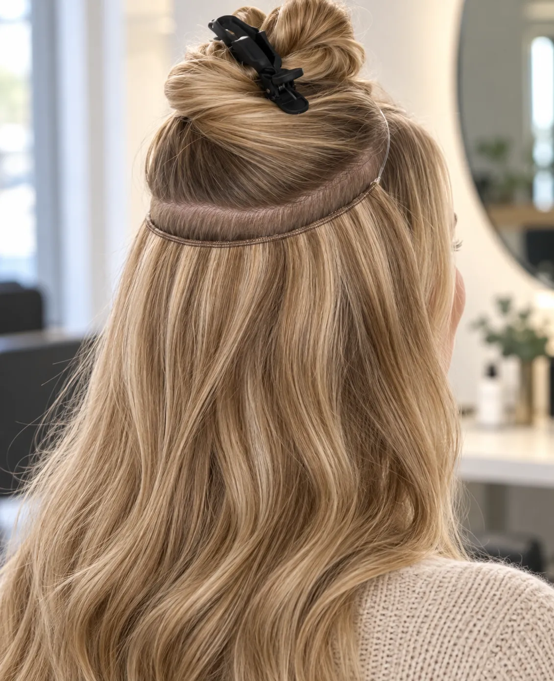 Montering av Hairband extensions med gjennomsiktig tråd rundt hodet