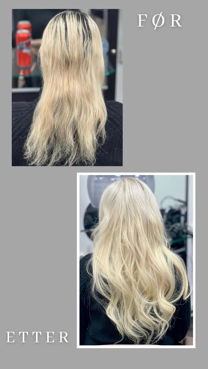 Før og etter: flott og naturlig resultat med europeisk tape extensions 45 cm i Platinablond #60