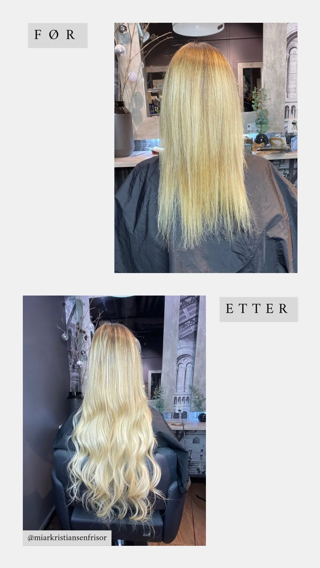 Før og etter: vakker og skånsom hårforlengelse med europeisk tape extensions 65 cm i Highlights #18/#613 og Platinablond #60